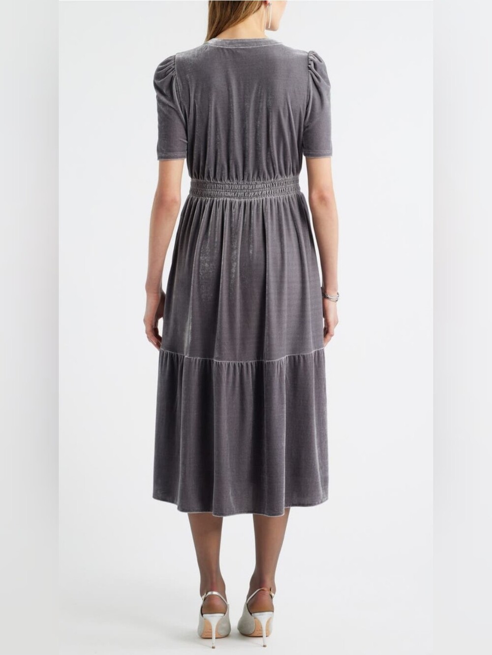 NWT - Caslon Grey Stretch Plush Velour Smocked Waist Fully Lined Midi Dress - M - Picture 14 of 16